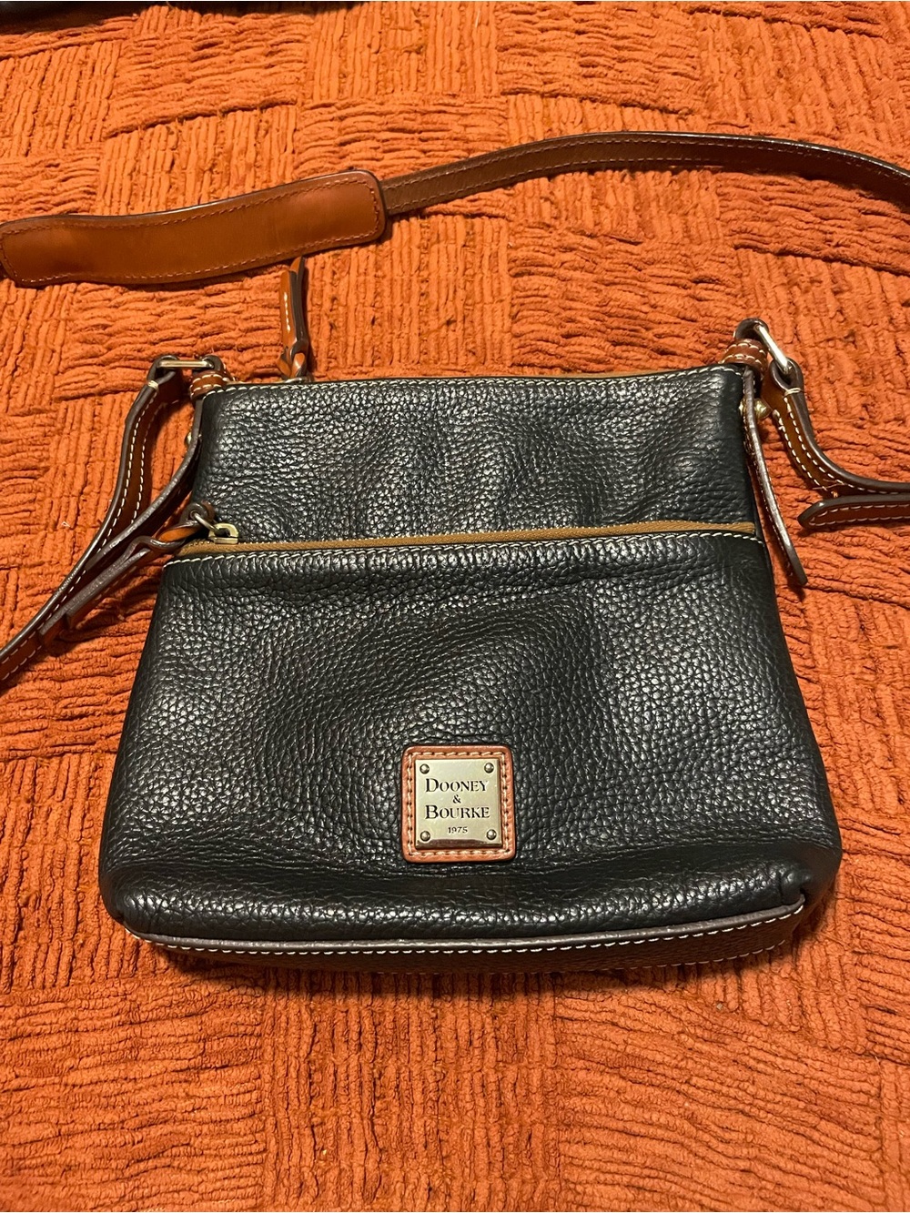 Dooney & Bourke Black Pebble Leather Small Crossbody with Tan Trim